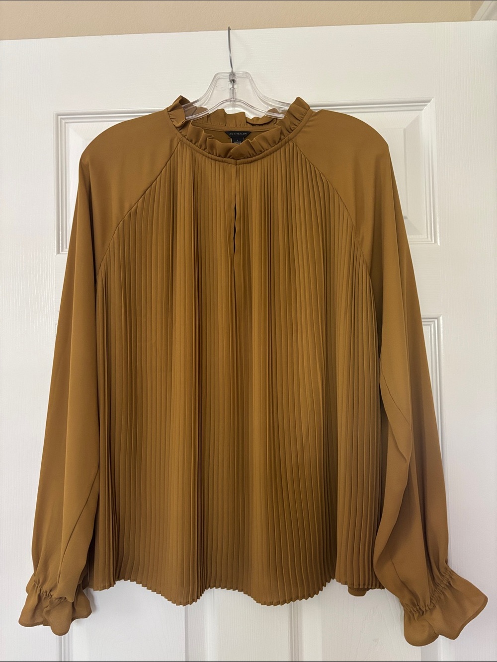Ann Taylor Pleated Ruffle-Neck Blouse - Mustard Brown